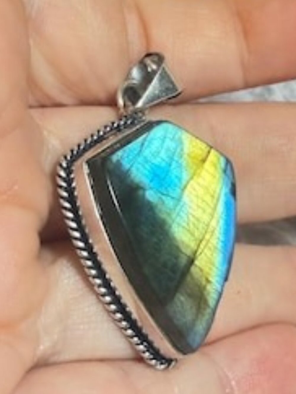 Labradorite Pendant Shield Triangular Blue Gold Flash Natural Gemstone OOAK